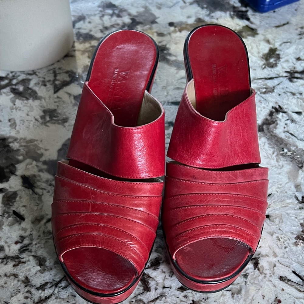 Red Leather Slide Mules with Ruched Front